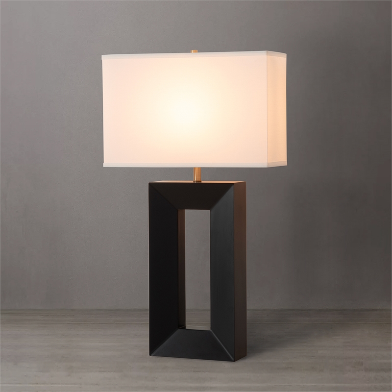 Julie Standing Table Lamp Ebony Wood Finish Weathered Brass White Linen Shade