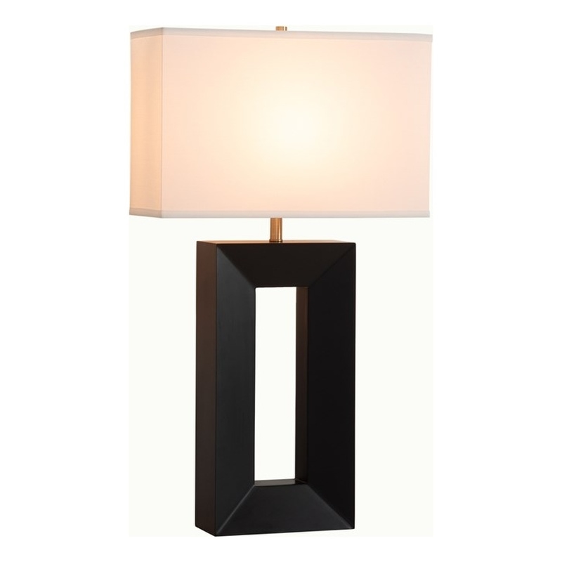 Julie Standing Table Lamp Ebony Wood Finish Weathered Brass White Linen Shade