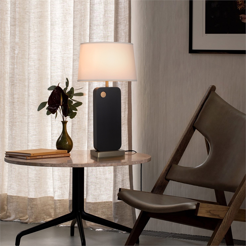 Laurel Table Lamp - Ebony Wood Finish Weathered Brass White Linen Shade