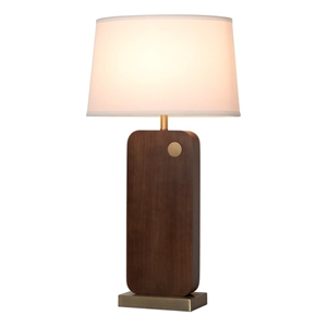 laurel table lamp - dark walnut wood finish weathered brass white linen shade