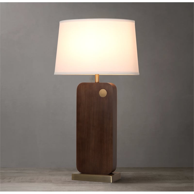 Laurel Table Lamp - Dark Walnut Wood Finish Weathered Brass White Linen Shade