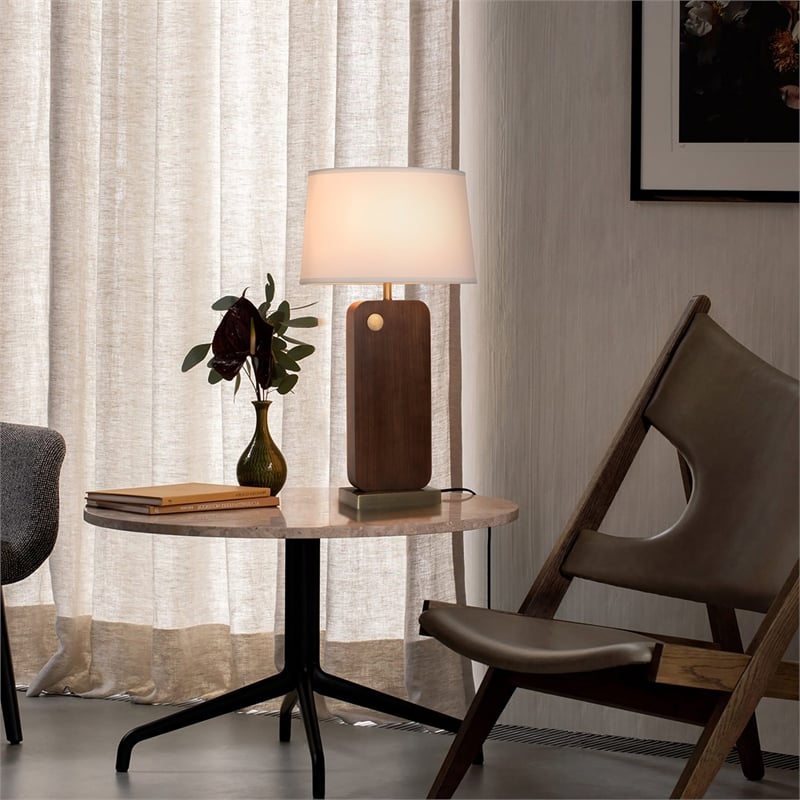 Laurel Table Lamp - Dark Walnut Wood Finish Weathered Brass White Linen Shade