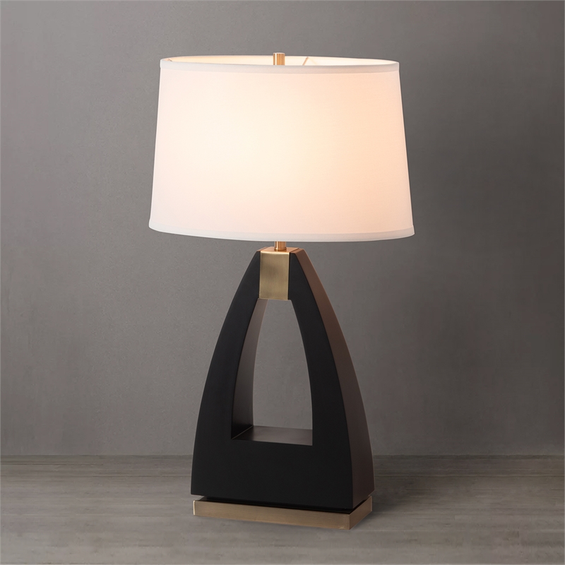 Trina Table Lamp - Ebony Wood Finish Weathered Brass White Linen Shade