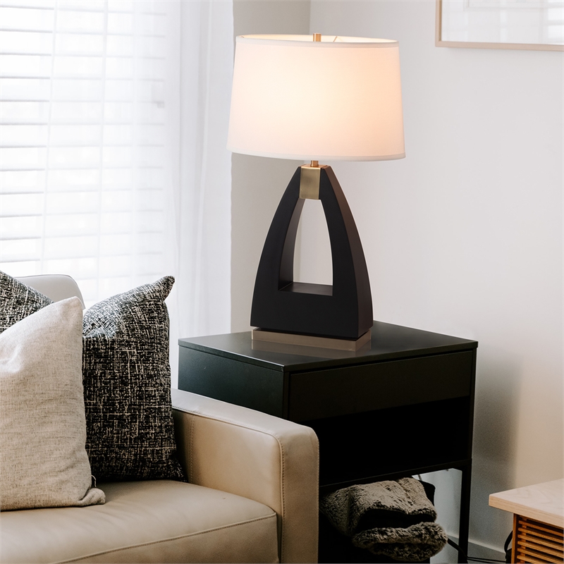 Trina Table Lamp - Ebony Wood Finish Weathered Brass White Linen Shade