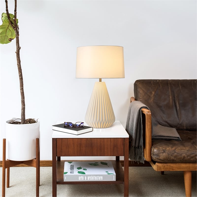 Concord Bone Porcelain Table Lamp - 30  White & Walnut 4-Way Rotary Switch