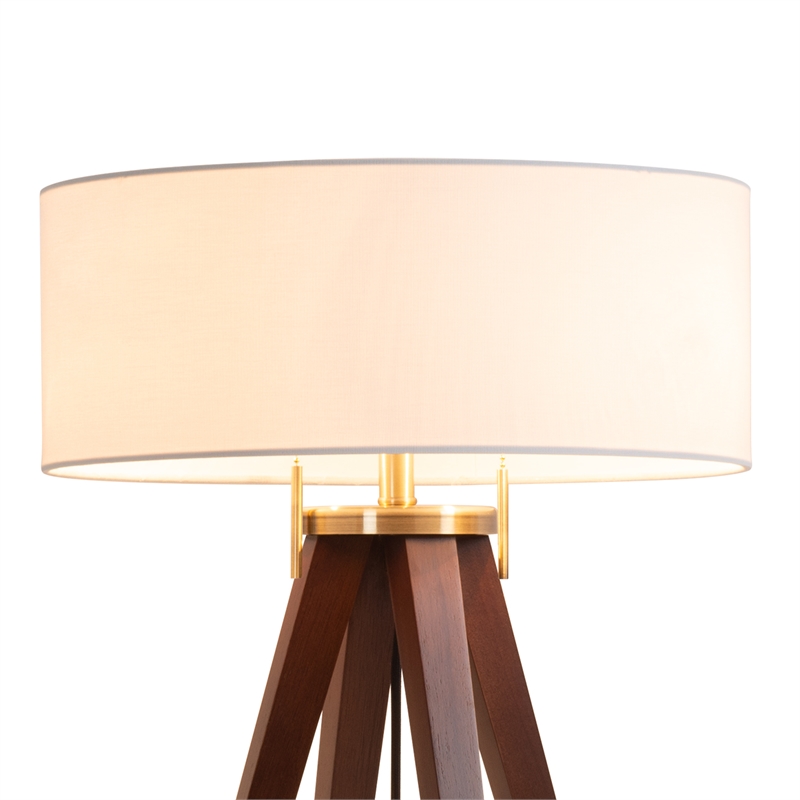 Quattro Table Lamp - Dark Walnut Wood Finish & Weathered Brass White Linen Shade