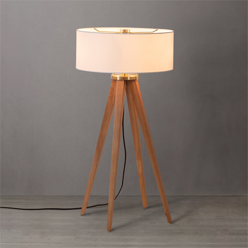 Quattro Table Lamp - Natural Ash Wood Finish & Weathered Brass White Linen Shade