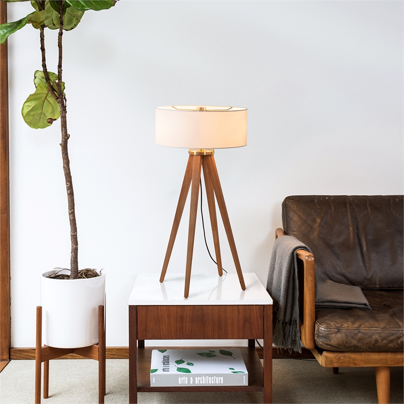 Quattro Table Lamp - Natural Ash Wood Finish & Weathered Brass White Linen Shade