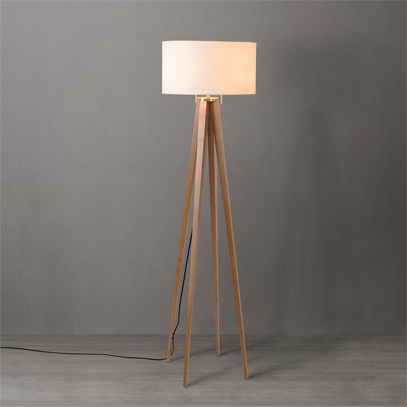 Quattro Floor Lamp - Natural Ash Wood Finish & Weathered Brass Dimmer