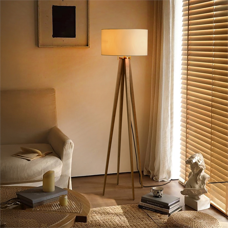 Quattro Floor Lamp - Natural Ash Wood Finish & Weathered Brass Dimmer