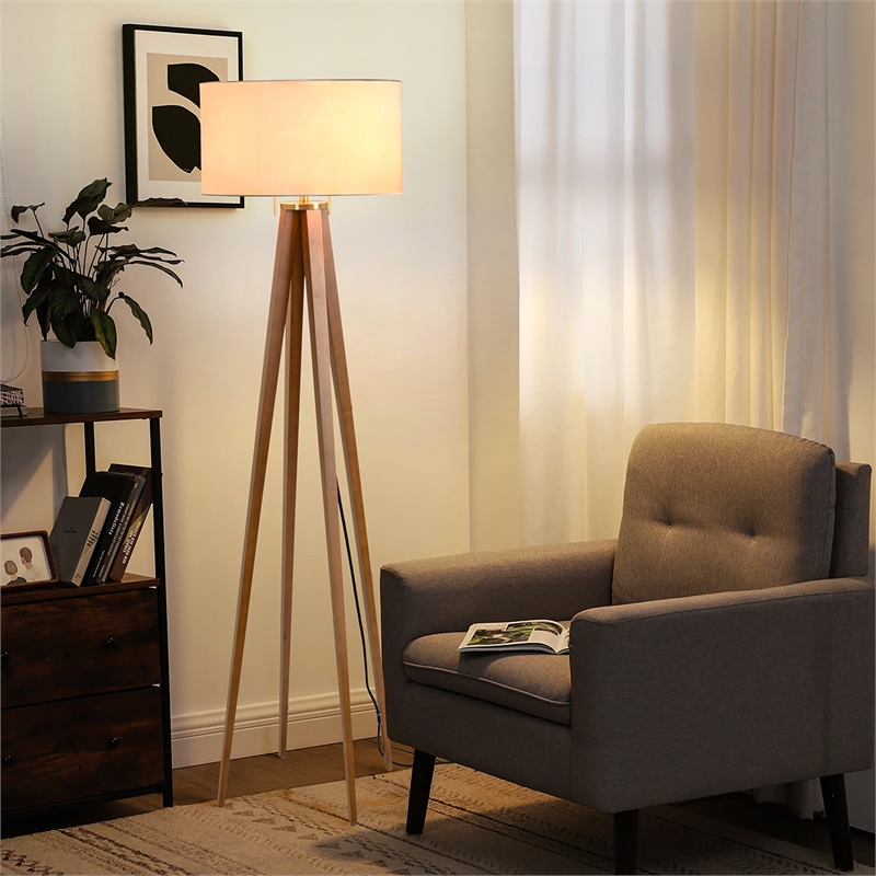 Quattro Floor Lamp - Natural Ash Wood Finish & Weathered Brass Dimmer