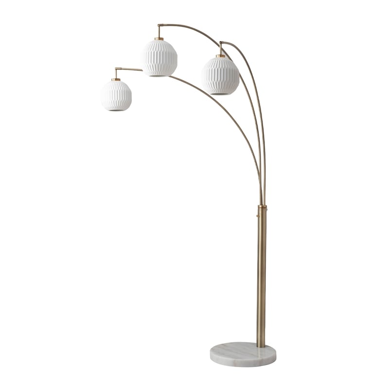 Moraga 3-Light Arc Floor Lamp in Brass with Bone Porcelain Shades