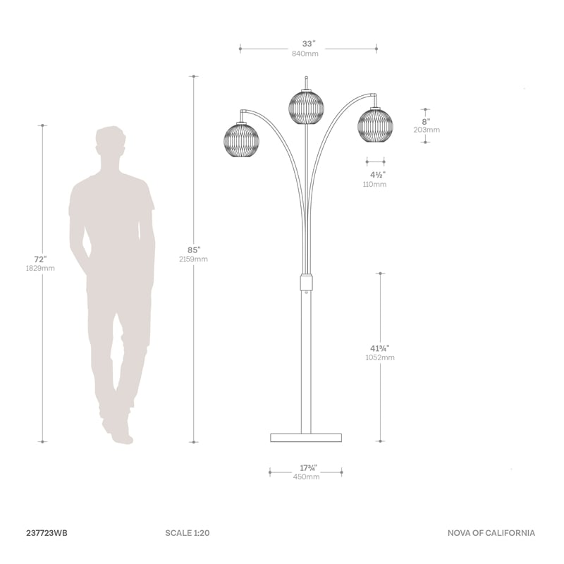 Moraga 3-Light Arc Floor Lamp in Brass with Bone Porcelain Shades