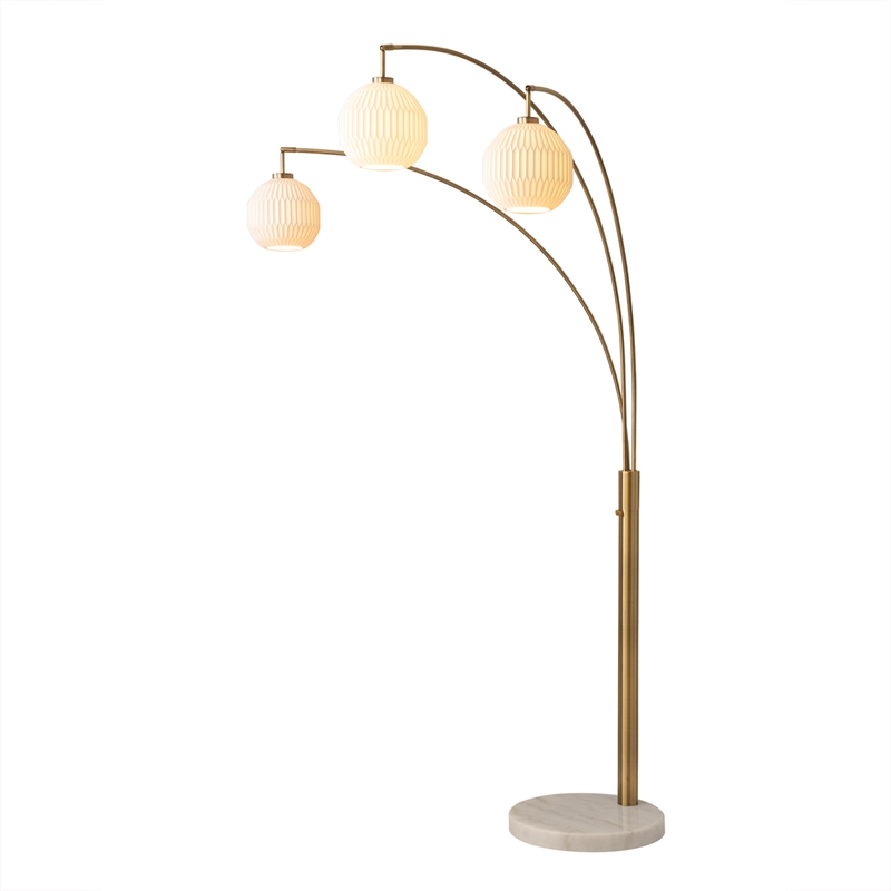 Moraga 3-Light Arc Floor Lamp in Brass with Bone Porcelain Shades