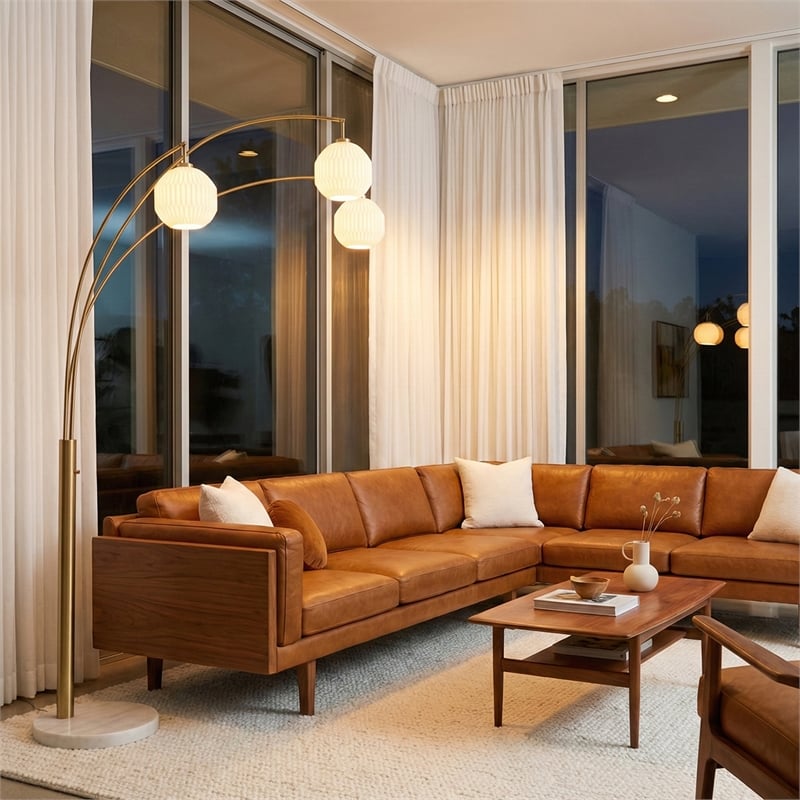 Moraga 3-Light Arc Floor Lamp in Brass with Bone Porcelain Shades