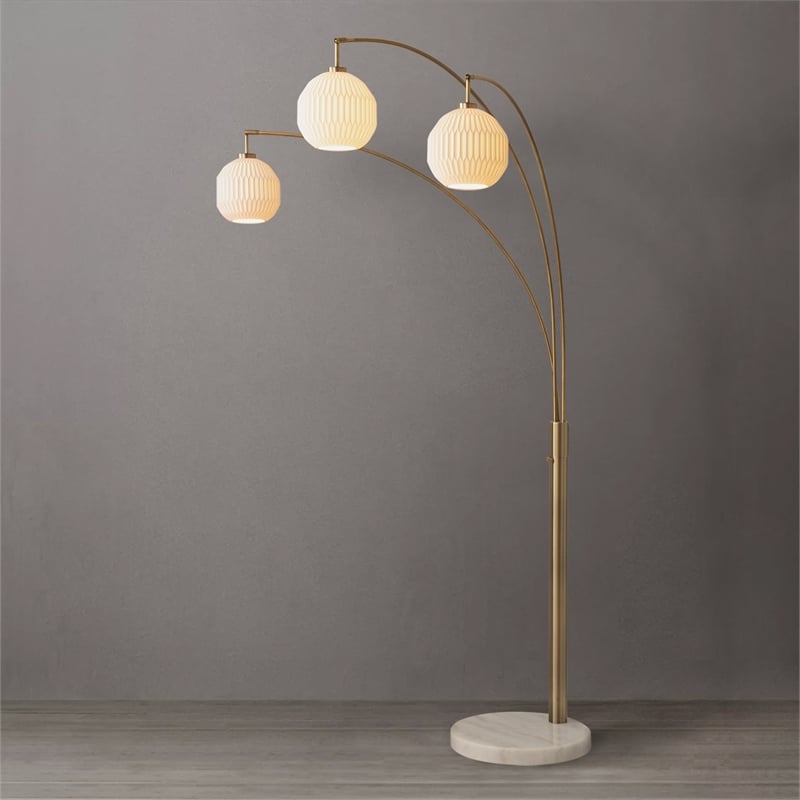 Moraga 3-Light Arc Floor Lamp in Brass with Bone Porcelain Shades