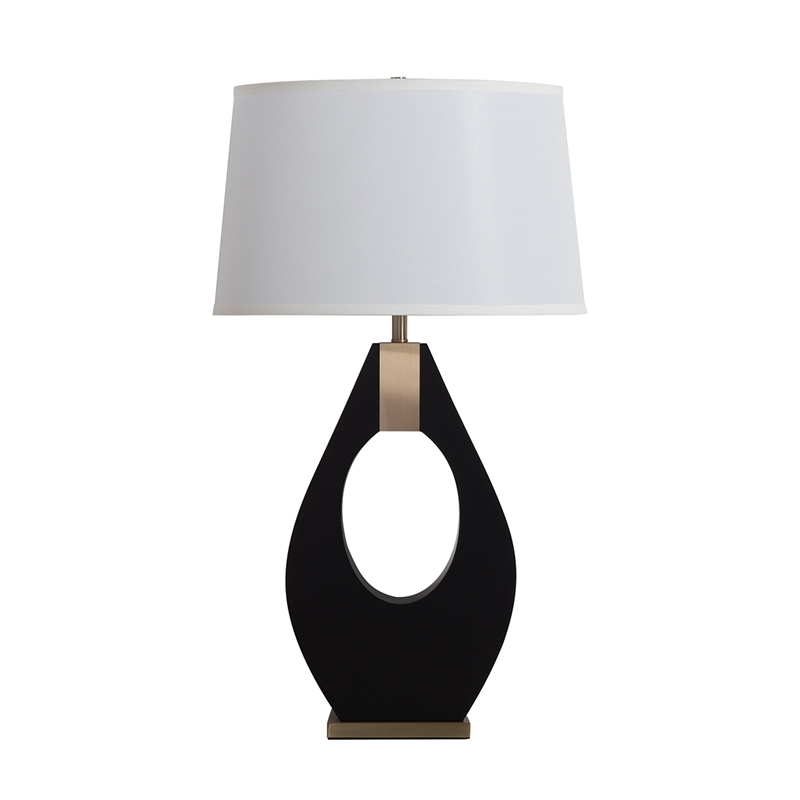 Pearson Table Lamp - Ebony Wood Weathered Brass White Cotton-Linen Shade