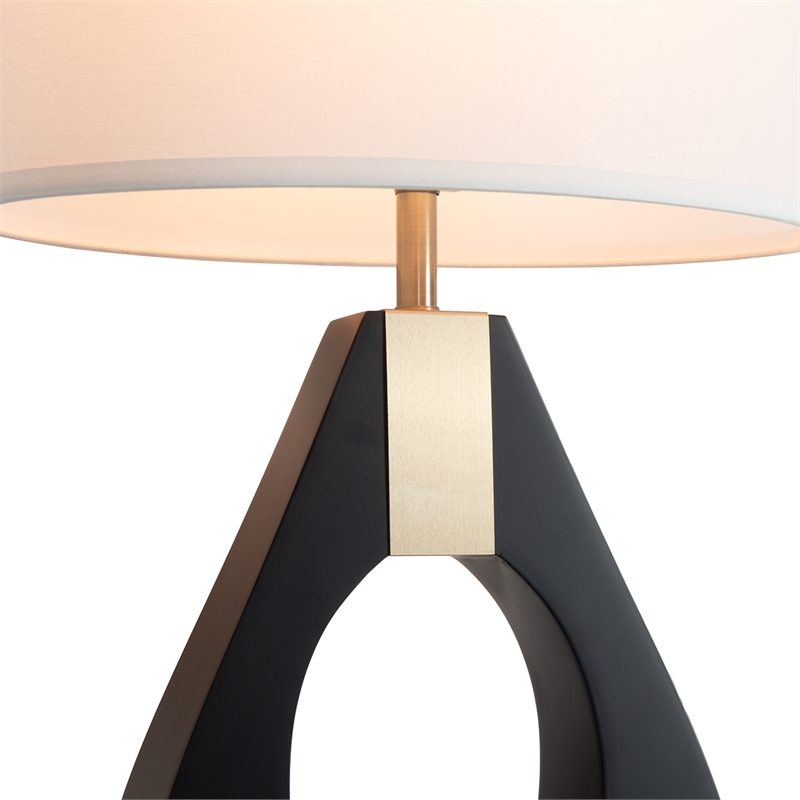 Pearson Table Lamp - Ebony Wood Weathered Brass White Cotton-Linen Shade