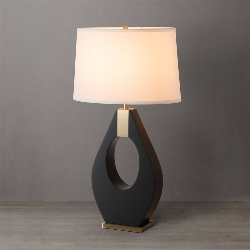 Pearson Table Lamp - Ebony Wood Weathered Brass White Cotton-Linen Shade