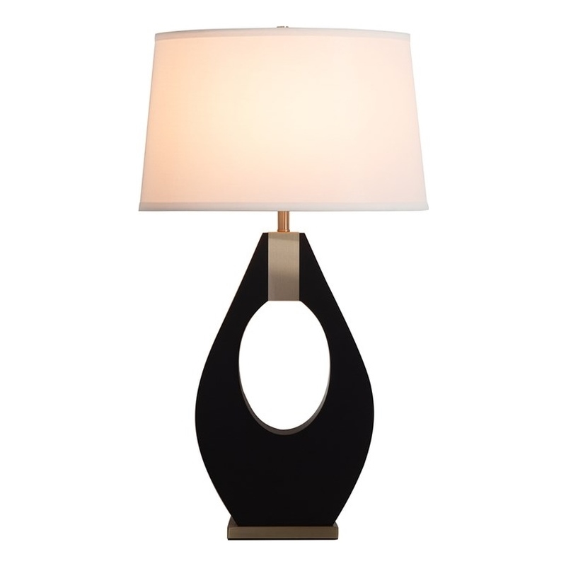 Pearson Table Lamp - Ebony Wood Weathered Brass White Cotton-Linen Shade
