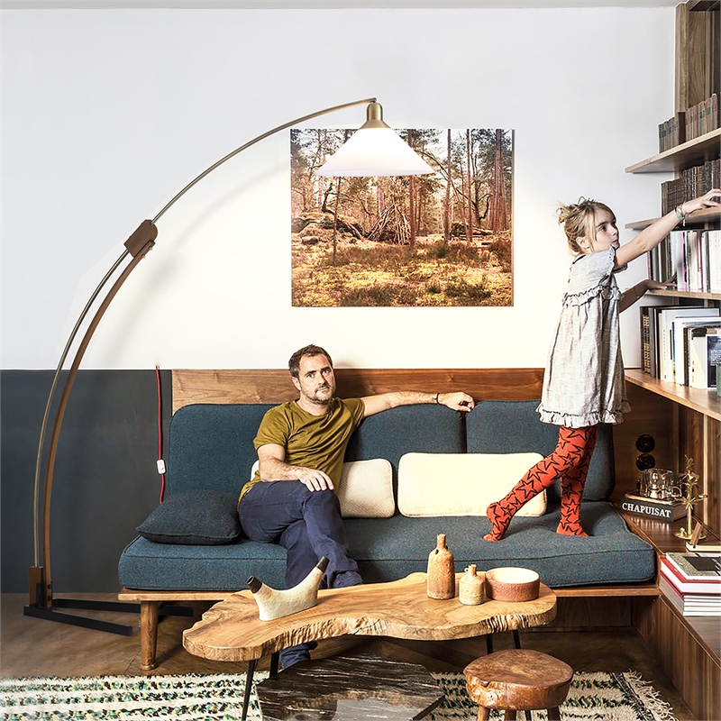 Melmar Arc Floor Lamp - Weathered Brass and Walnut Dimmer Switch V-base