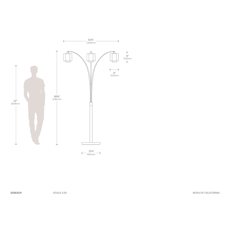 Marilyn 3 Light Arc Floor Lamp - 90 Polished Chrome & Mylar/Crystal Shades