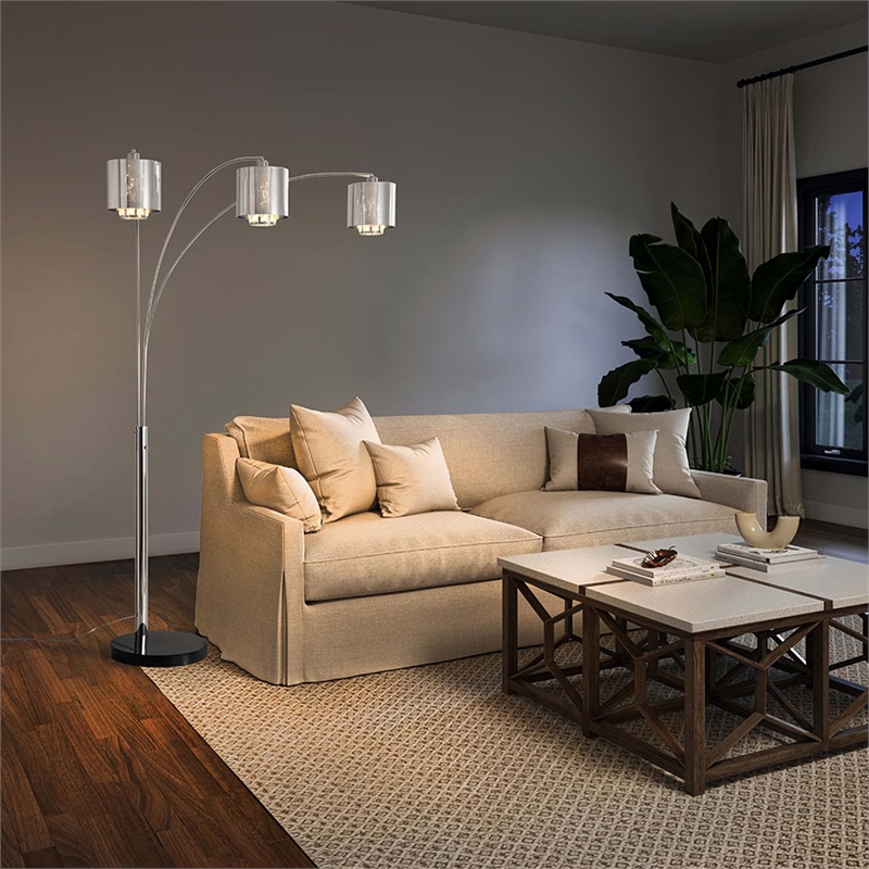 Marilyn 3 Light Arc Floor Lamp - 90 Polished Chrome & Mylar/Crystal Shades