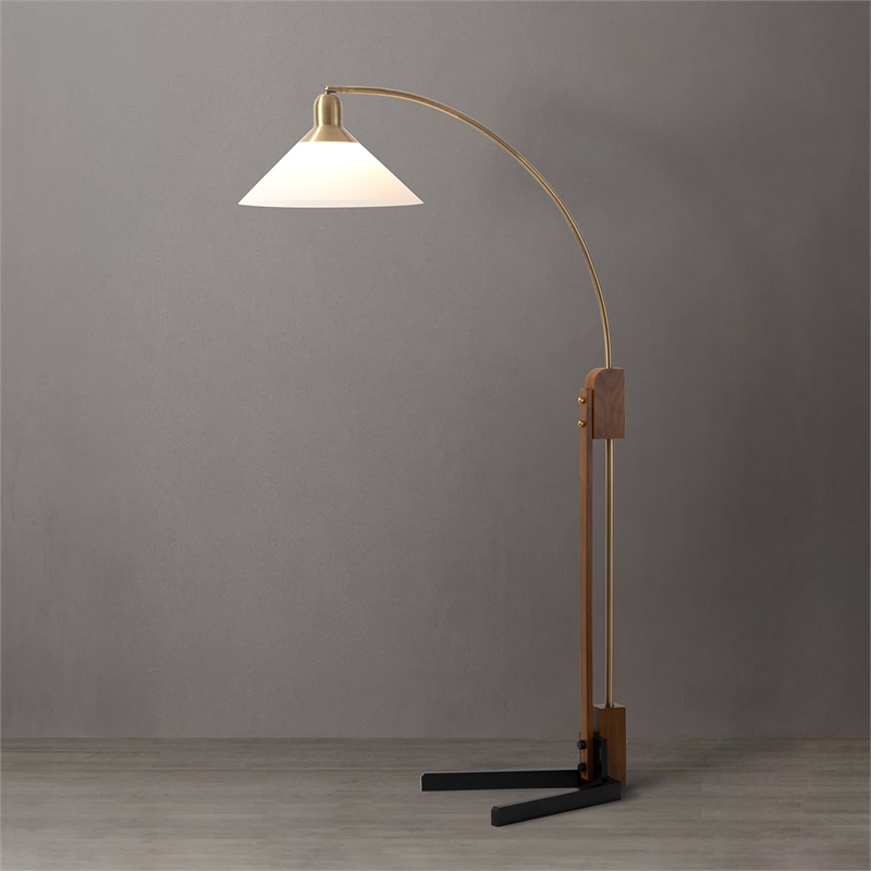 Melmar Chairside Arc Floor Lamp Weathered Brass and Walnut Dimmer Switch V-Base