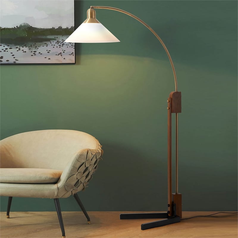 Melmar Chairside Arc Floor Lamp Weathered Brass and Walnut Dimmer Switch V-Base