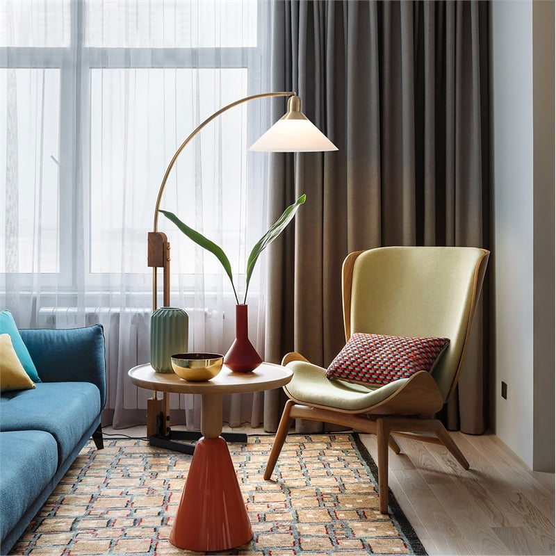 Melmar Chairside Arc Floor Lamp Weathered Brass and Walnut Dimmer Switch V-Base