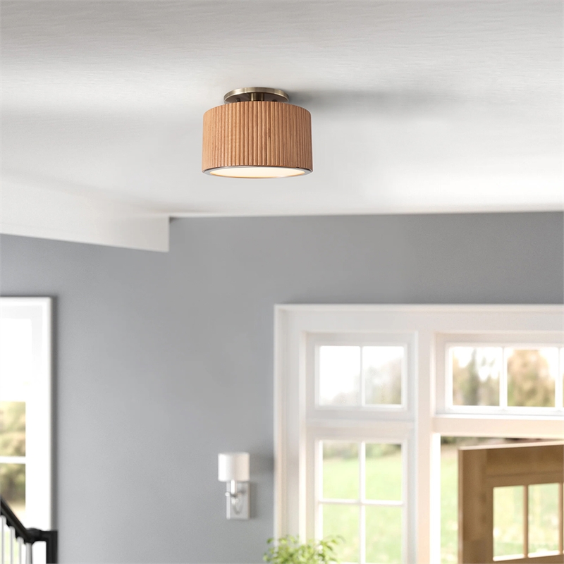Tambo Semi-Flush Mount Ceiling Light - Natural Ash Wood Finish Weathered Brass