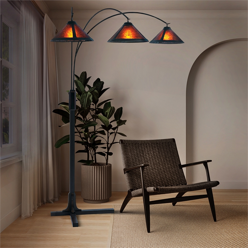 natural mica 3 light arc floor lamp - 86 espresso wood bronze