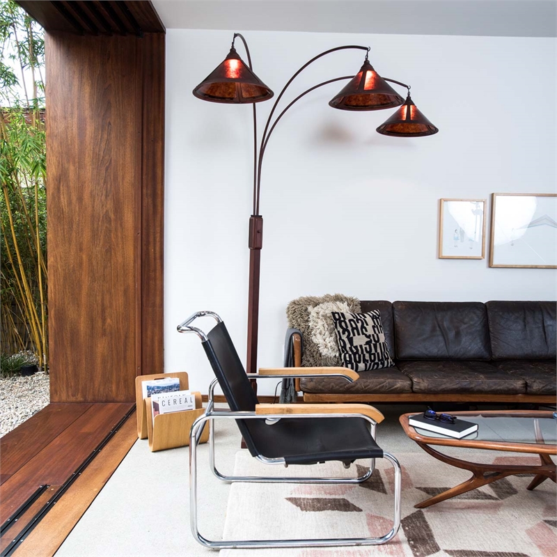 natural mica 3 light arc floor lamp - 86 espresso wood bronze