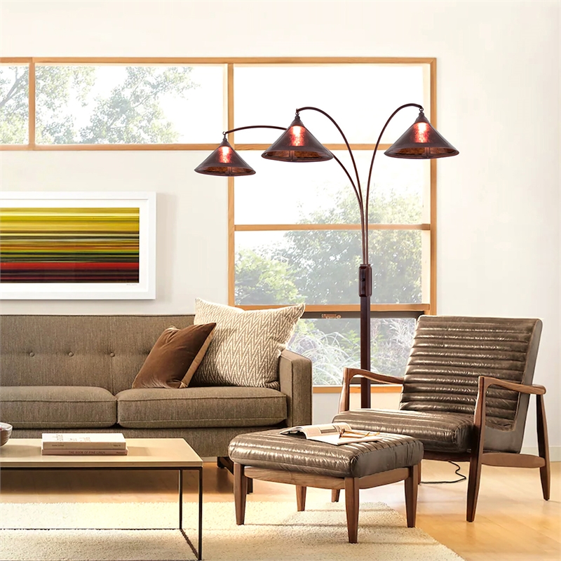 natural mica 3 light arc floor lamp - 86 espresso wood bronze