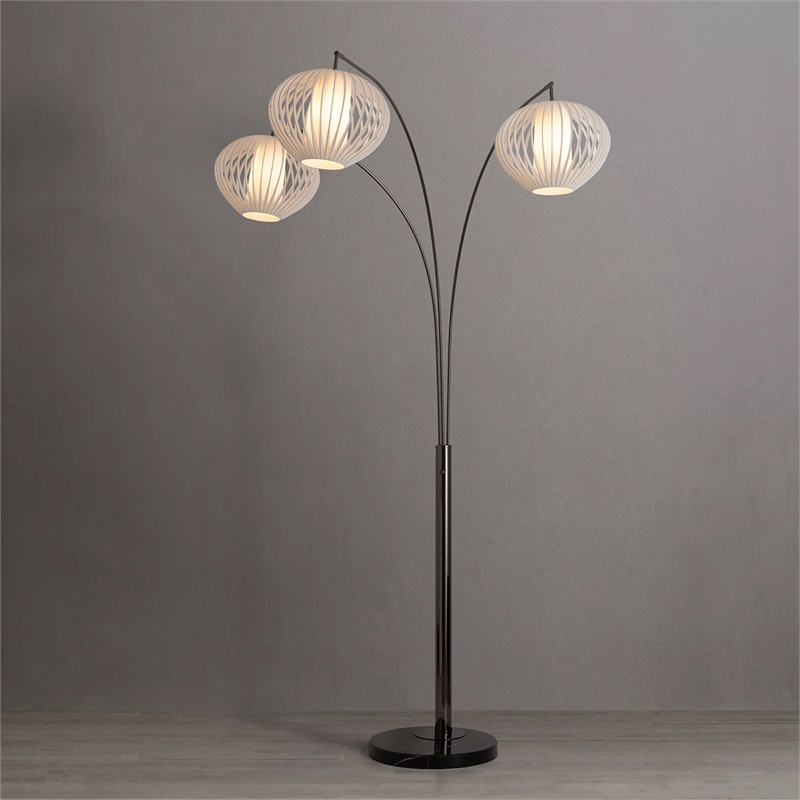 Bloom 3-Light Arc Floor Lamp in Black Nickel with White Satin Drum Shades