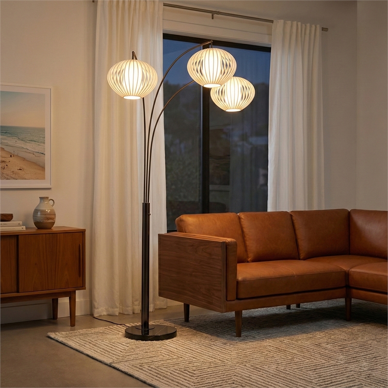 Bloom 3-Light Arc Floor Lamp in Black Nickel with White Satin Drum Shades