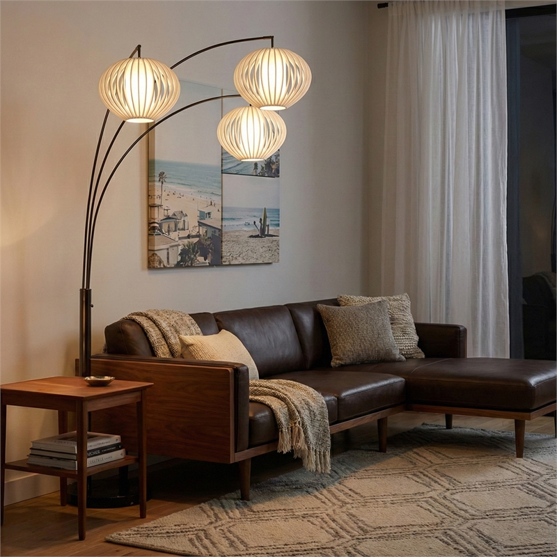 Bloom 3-Light Arc Floor Lamp in Black Nickel with White Satin Drum Shades