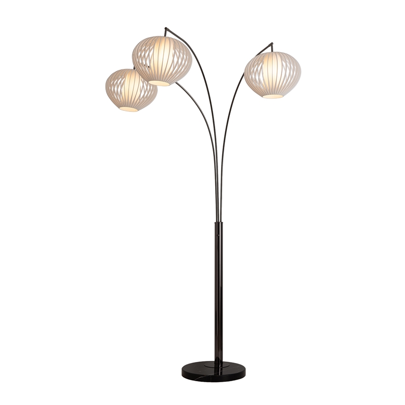 Bloom 3-Light Arc Floor Lamp in Black Nickel with White Satin Drum Shades