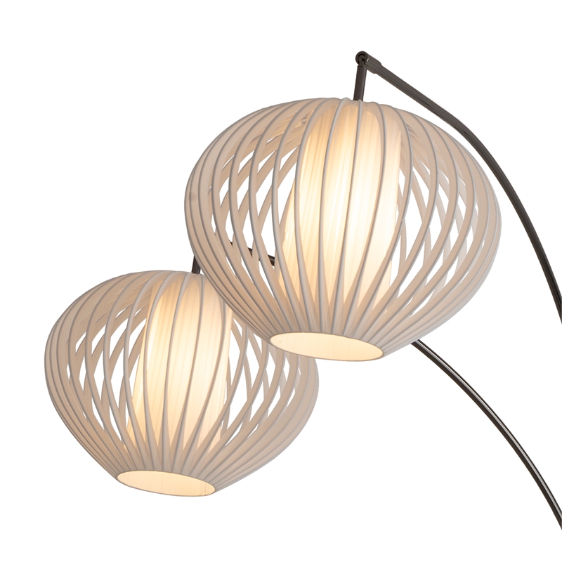 Bloom 3-Light Arc Floor Lamp in Black Nickel with White Satin Drum Shades