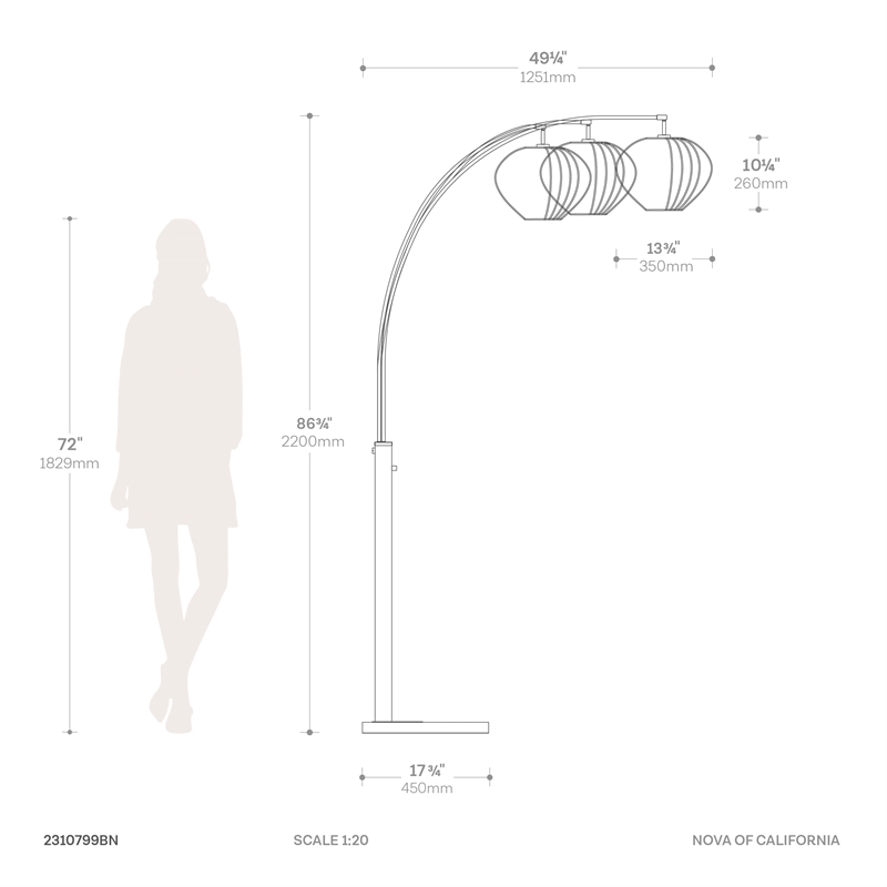 Bloom 3-Light Arc Floor Lamp in Black Nickel with White Satin Drum Shades