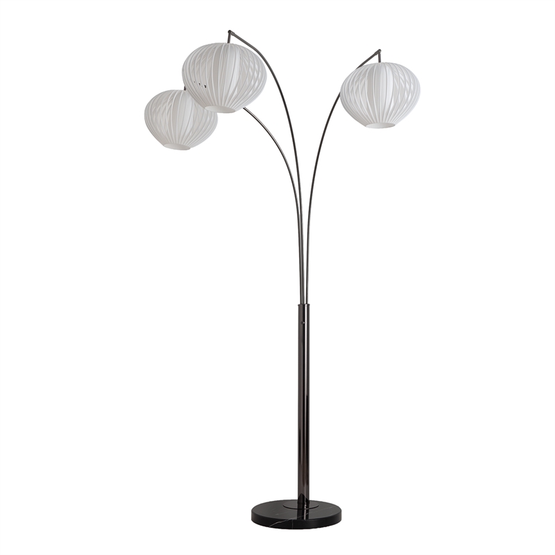 Bloom 3-Light Arc Floor Lamp in Black Nickel with White Satin Drum Shades