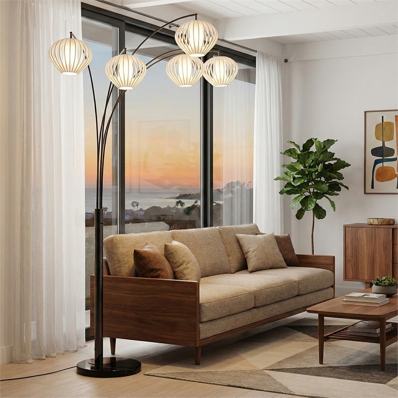 Bloom 5-Light Arc Floor Lamp in Black Nickel with Black Marble Base