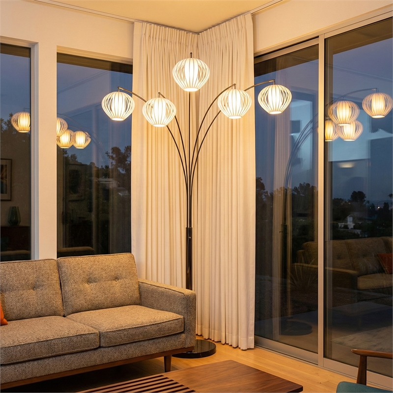 Bloom 5-Light Arc Floor Lamp in Black Nickel with Black Marble Base