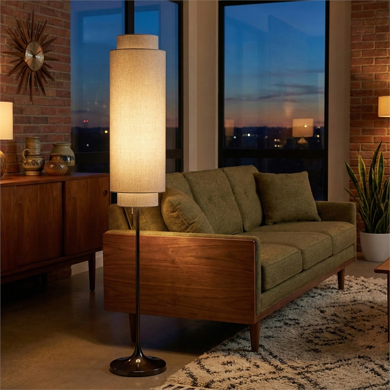 Lollipop Floor Lamp in Cashmere Gray with Double-Stacked Linen Shade