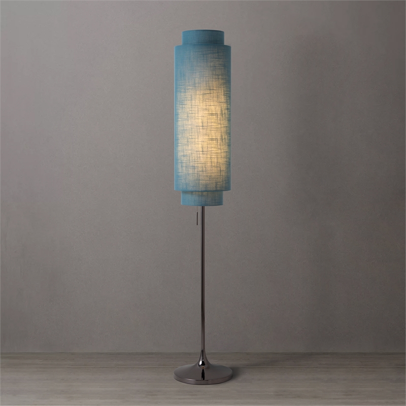 Lollipop Floor Lamp in Black Nickel with Sky Blue Double Linen Shade