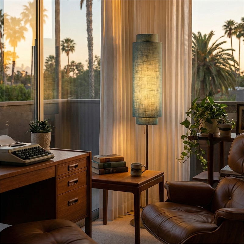 Lollipop Floor Lamp in Black Nickel with Sky Blue Double Linen Shade