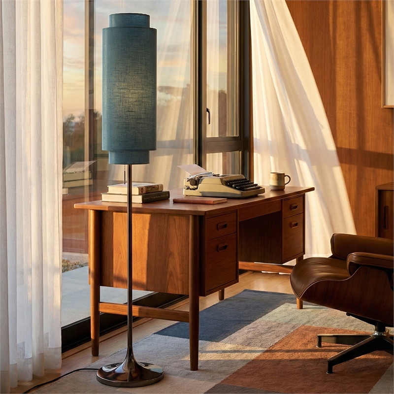 Lollipop Floor Lamp in Black Nickel with Sky Blue Double Linen Shade