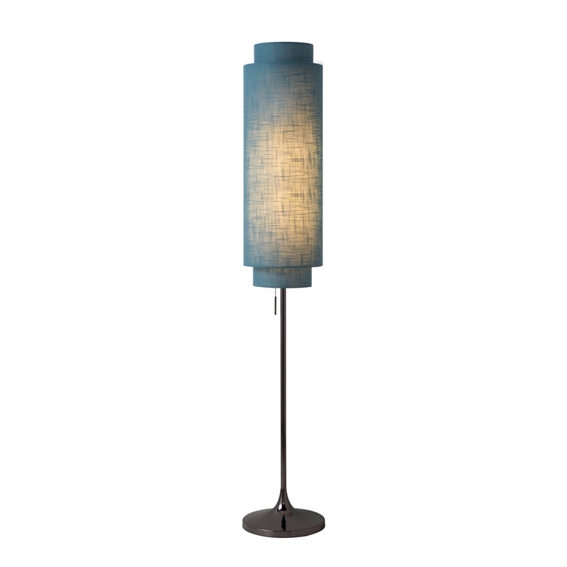 Lollipop Floor Lamp in Black Nickel with Sky Blue Double Linen Shade