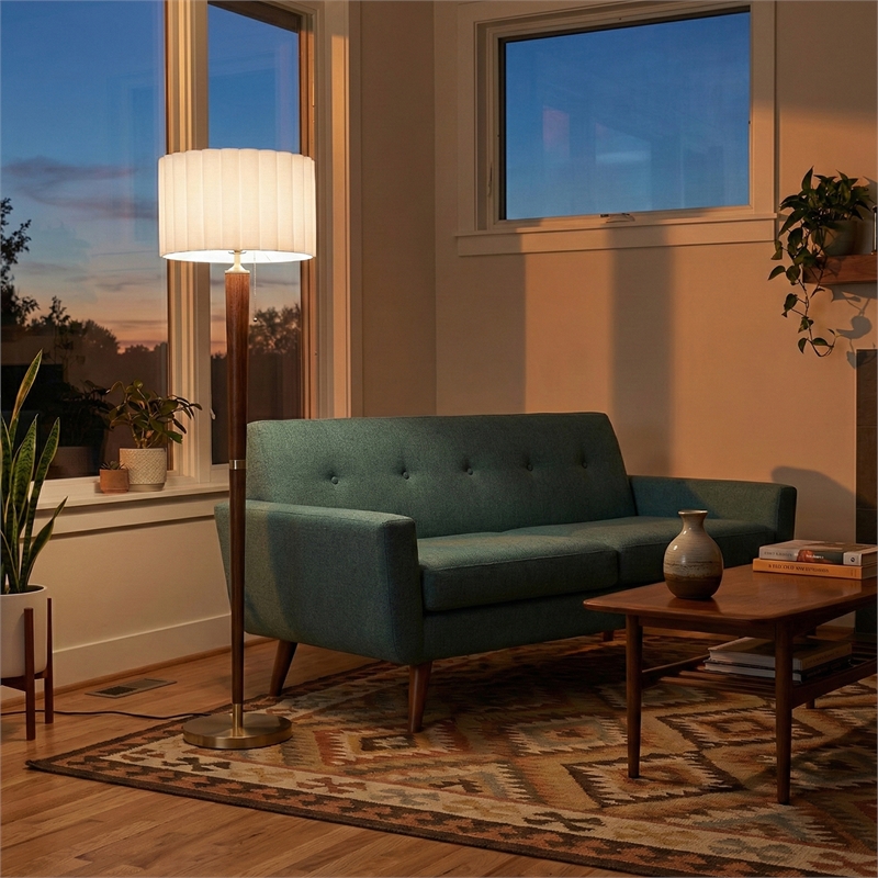 Scalloped Floor Lamp in Walnut and Weathered Brass with White Linen Shade