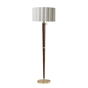 Scalloped Floor Lamp in Walnut and Weathered Brass with White Linen Shade